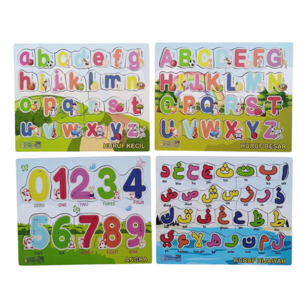 Puzzle Kayu SNI Huruf Kecil Huruf Kapital Angka Hijaiyah Puzzle Ceria Jigsaw Bongkar Pasang