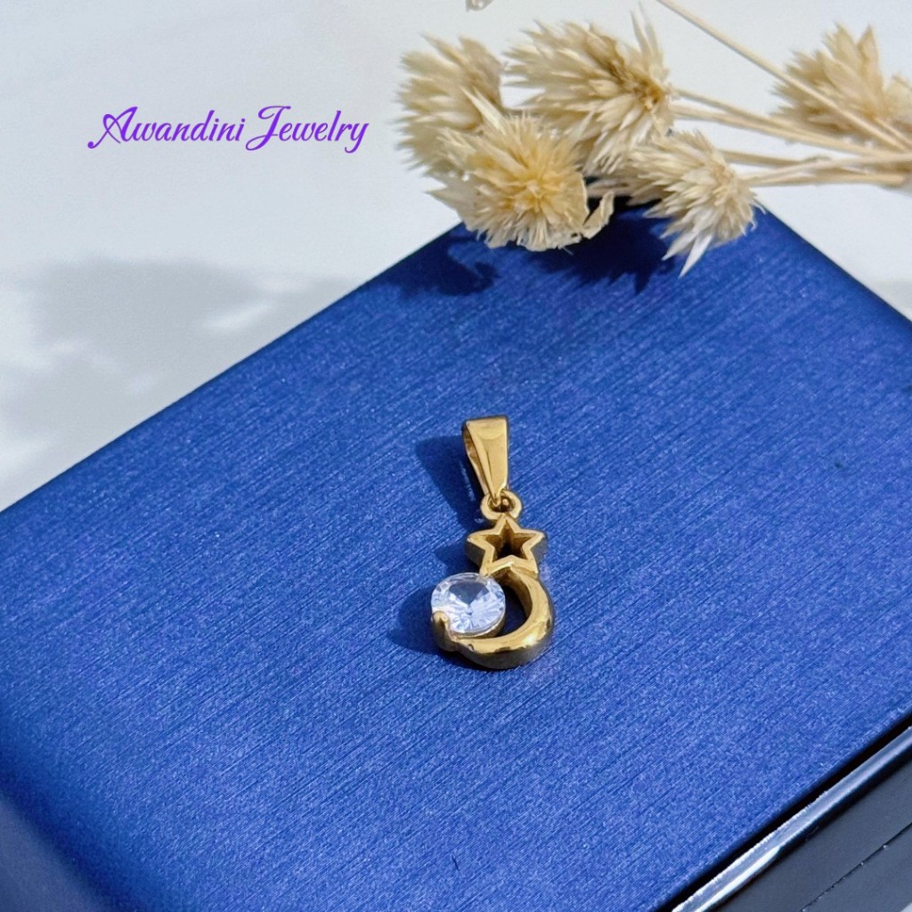 Liontin Bulan Bintang Permata Putih Gold Titanium
