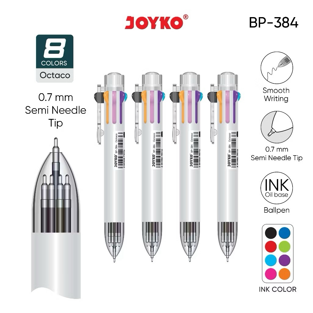 

( 1 BIJI ) Ball Pen Pulpen Pena Joyko BP-384 Octaco 0.7 mm 8 Warna Colors