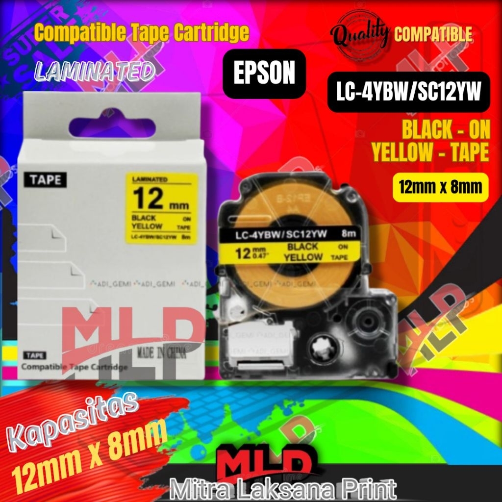 

Label Tape Epson 12mm Black On Yellow Compatible Catridge LC-4YBW / SC12YW