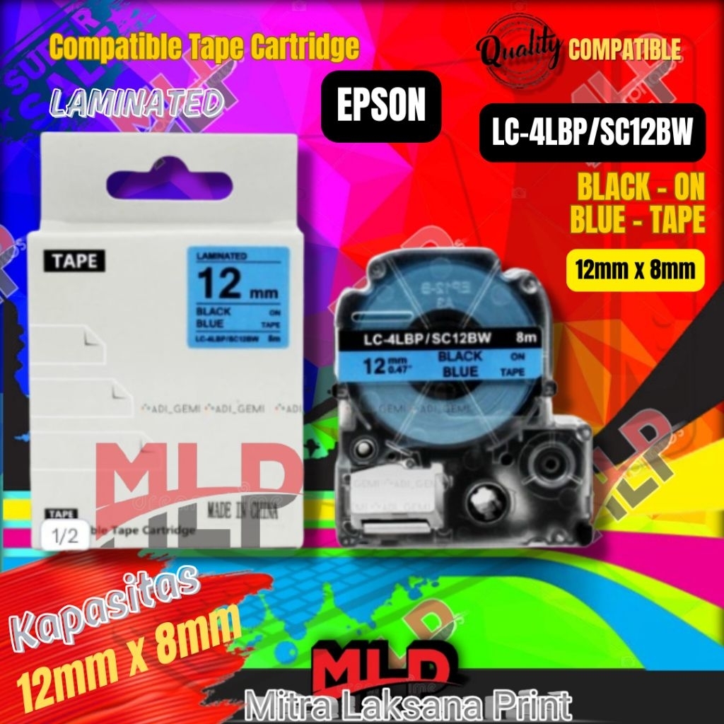 

Label Tape Epson 12mm Black On Blue Compatible Catridge LC-4LBP / SS12BW