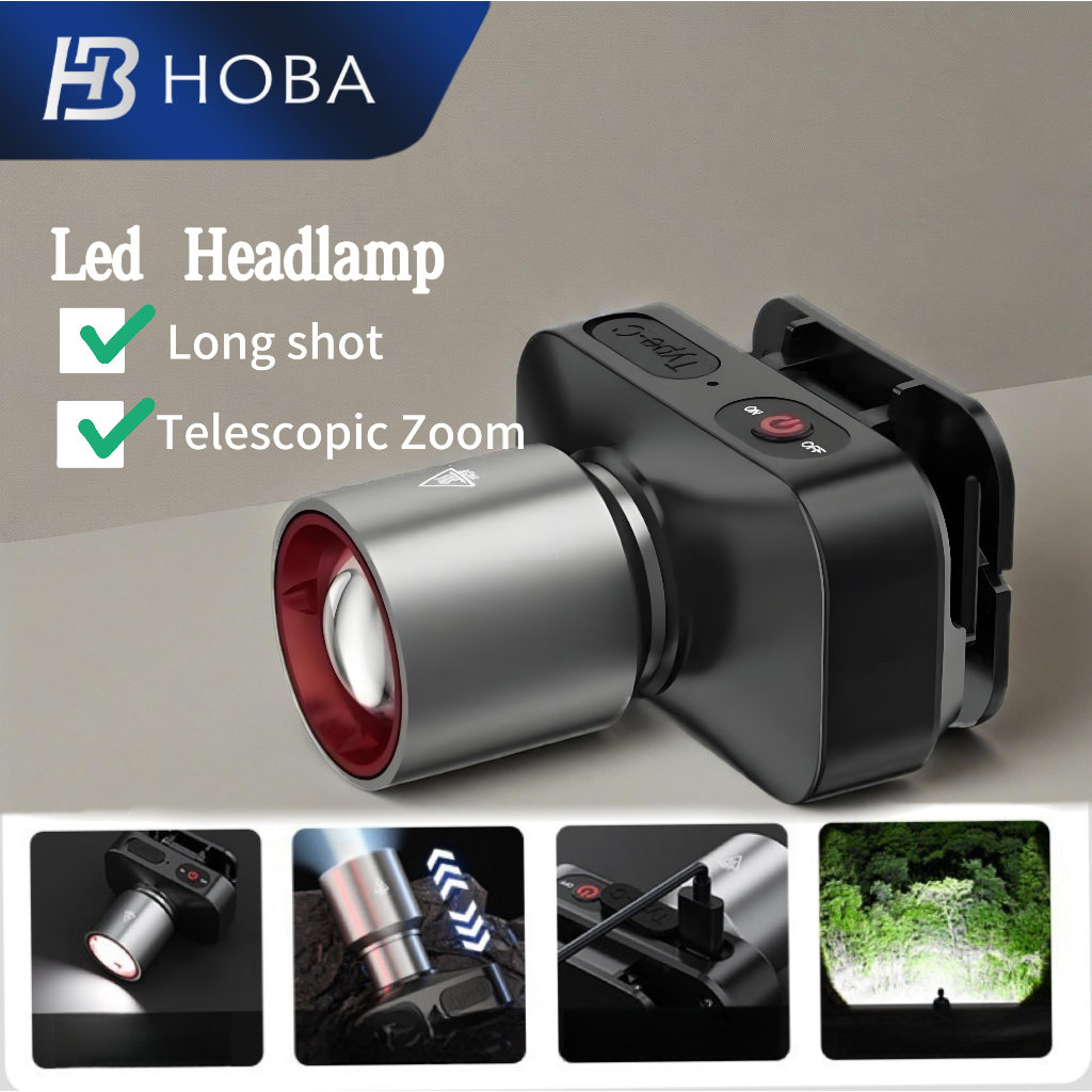 Senter Kepala Led Zoom USB Charging Senter Super Terang Putih 1000 Lumen Senter Kepala