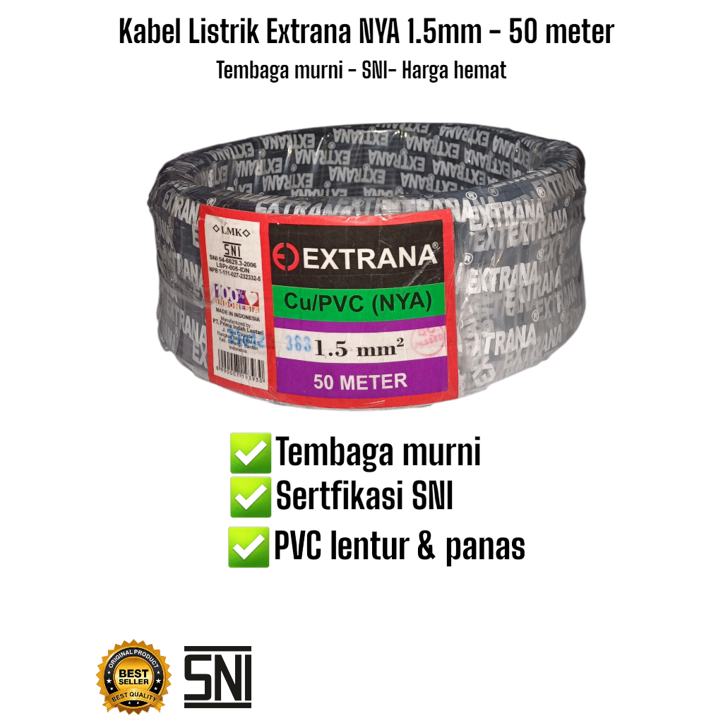 Kabel Listrik SNI/ NYA Extrana 1,5 mm 50 Meter/ Kabel LMK