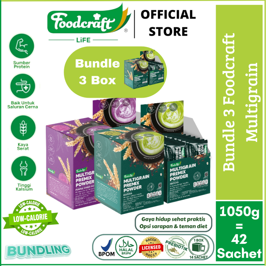 

【Bundle Mix 3 Box】Foodcraft Premix Multigrain Pengganti Makan Kaya Serat Rendah Kalori Kombo 3 Box Purple Matcha