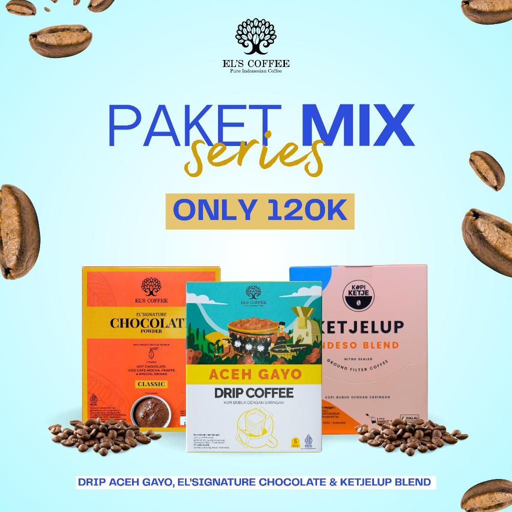 

Special Paket Promo Mix Series , El's Coffee kopi Drip Aceh Gayo , El's Coffee kopi Ketjelup Ndeso, El's Coffe Elsignature Chocolate