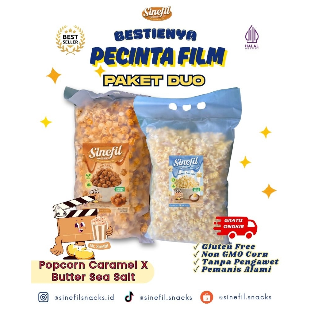 

[PAKET DUO] SINEFILPOPCORN CARAMEL 500 Gr, POPCORN BUTTER SEA SALT 230GR- Sinefilpopcorn makan ringan, enak, sehat, lezat