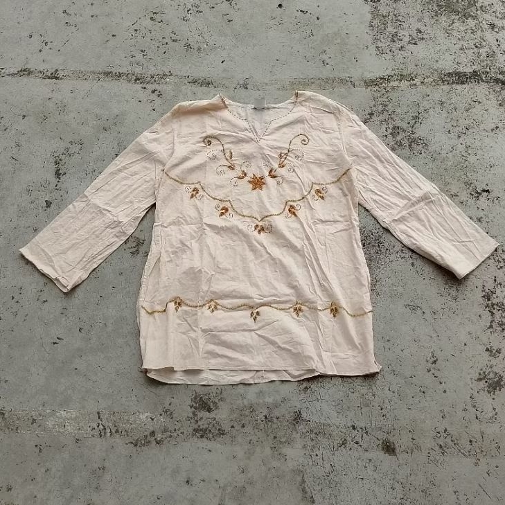 Kaos Kemeja Hippies Woodstock Vintage 70s Casual Corner Linen Flower Embroidery Unisex Shirt