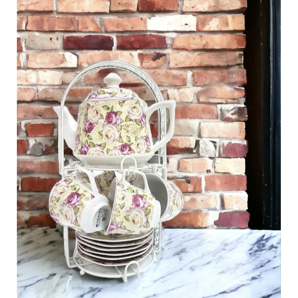 Perlengkapan Minum Teh VICENZA Ca78, tea set MAWAR dengan 6  Cangkir MAWAR, disertai 1 Teko VICENZA,