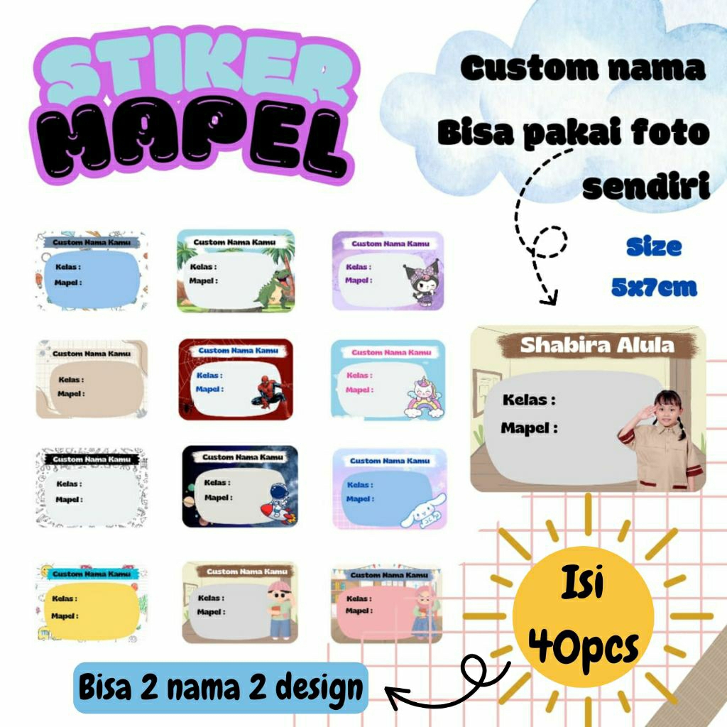 

LABEL BUKU MATA PELAJARAN, ISI 40 PCS BISA 2 NAMA, bisa pakai FOTO sendiri.