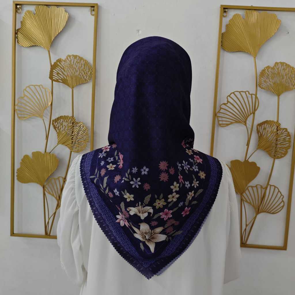 ALKAHIJAB Hijab Segi Empat Motif Batik Bunga Standart Voal Navi Hitam soft Sage Kuning Mustard Abu A
