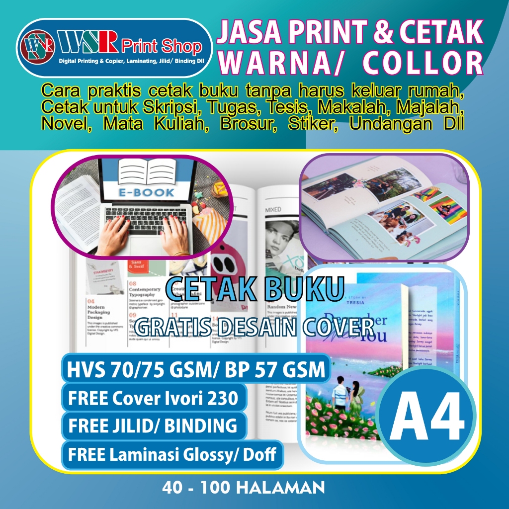 

JASA CETAK BUKU WARNA A4 Book HVS 70/75 Gsm/ Paper 57 Gsm 40 - 100 HALAMAN FREE Jilid Staples Full Collor Laminasi Glossy/Doff