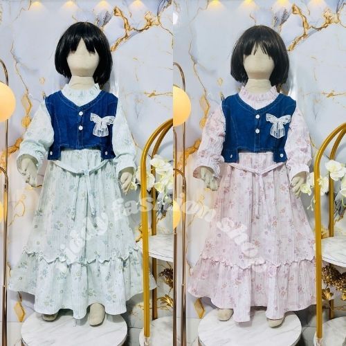 Dress vania rompi jeans anak perempuan usia 3 - 10 tahun / gamis rompi jeans tali pinggang anak terb