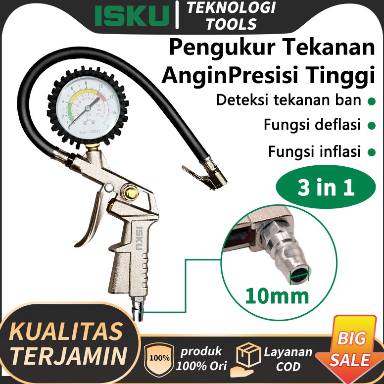 KODE N23U ISKU Tire Inflator 3 In 1 Alat Isi Ukur Angin Tire Pressure Gauge Inflator