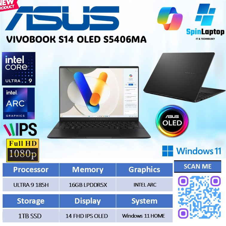 Laptop ASUS Vivobook S14 OLED S5406MA Intel Ultra 9-185H RAM 16GB SSD 1TB Layar OLED 14”