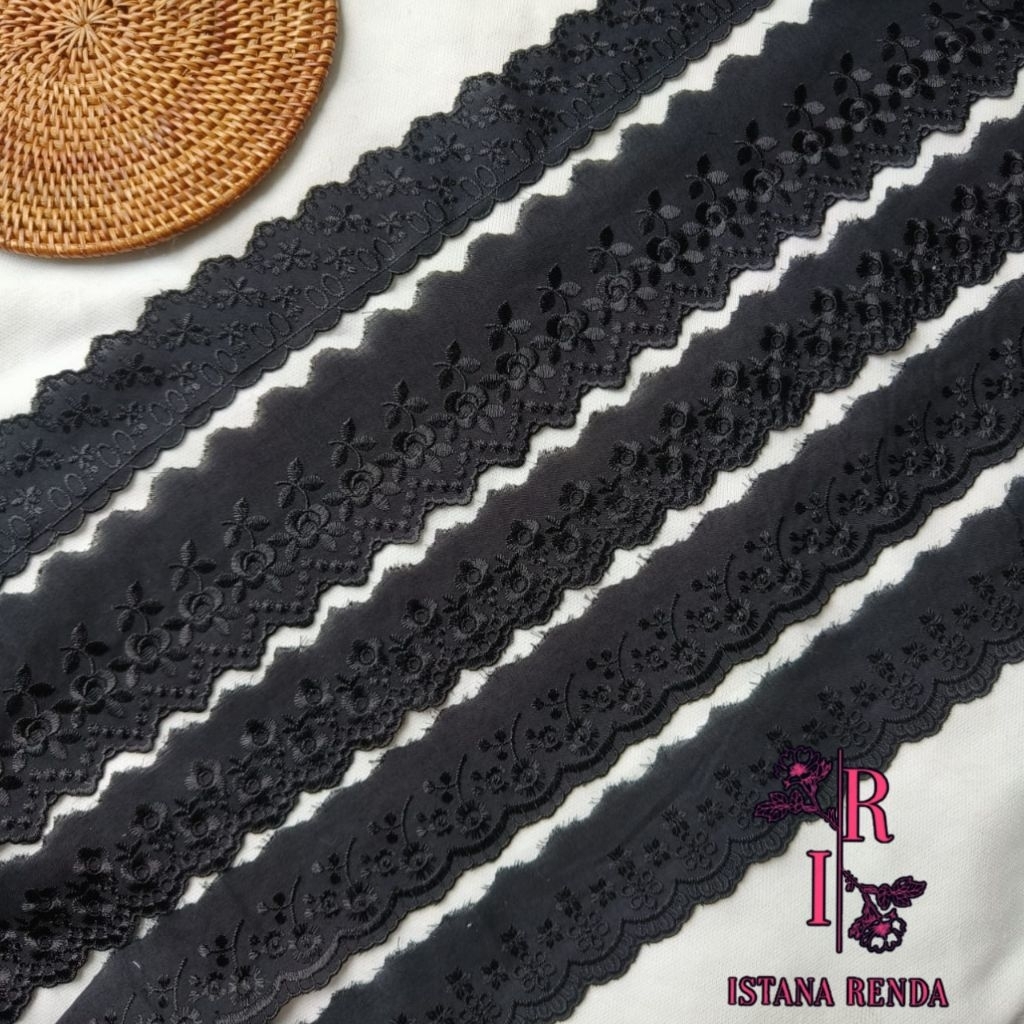 Renda katun jepang hitam, renda katun bordir (harga per100cm)