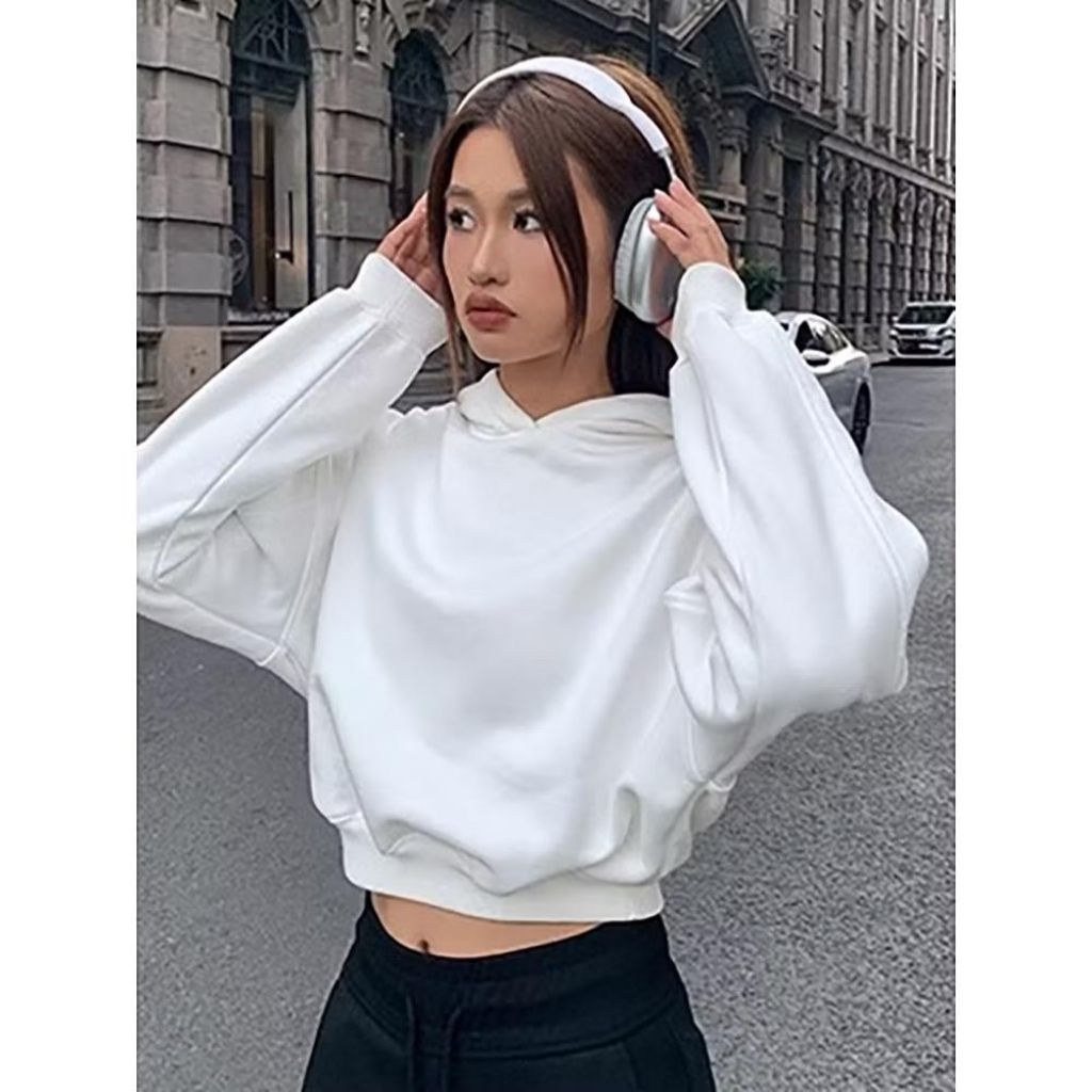Crop Top Sweater Wanita Premium - Hoodie Crop Wanita Hitam Putih L - XL