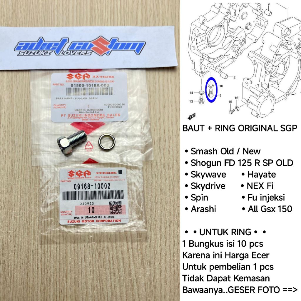 Gasket + Baut Tap Oli Bawah Suzuki Smash/Shogun/Axelo/Arashi/Skywave Skydrive/Titan/Spin125/Axelo/Ha