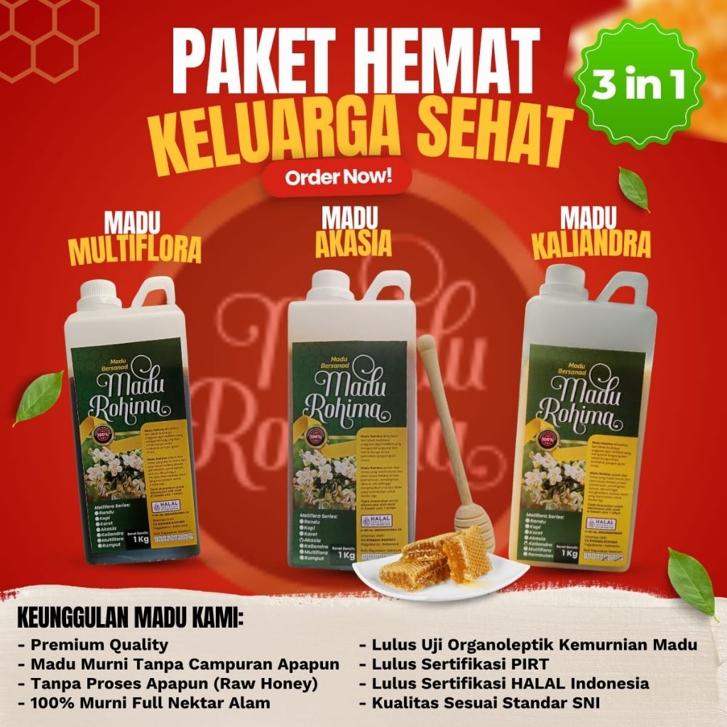 

Madu Rohima Paket Unboxing Madu Multiflora+Madu Akasia+Madu Kaliandra Bundling hemat keluarga sehat Imun Booster Asli Murni 100% Pure Raw Honey dari Alam Indonesia Madu Keluarga sehat Imun Booster terbaik