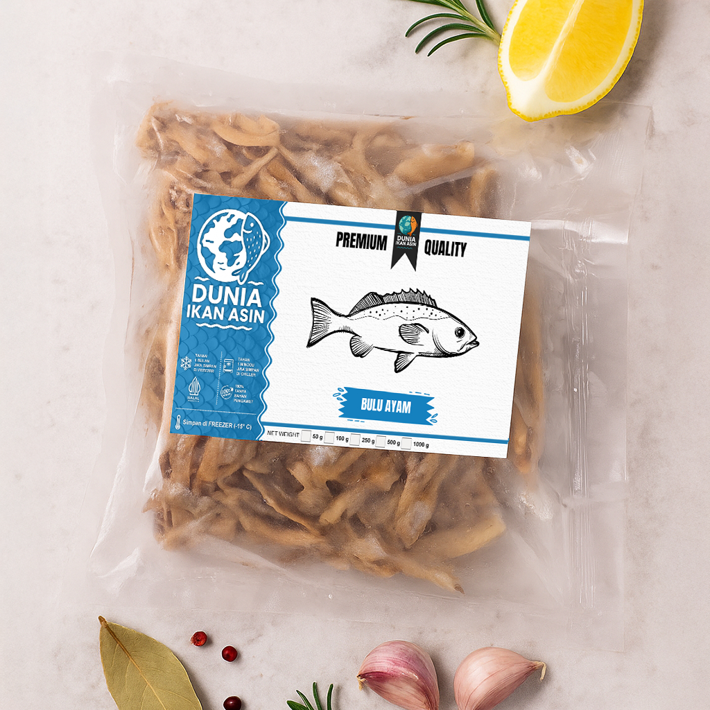 

Ikan Asin Bulu Ayam Kering 50 gr, 100 gr, 250 gram DUNIA IKAN ASIN Kemasan Frozen Food Vacuum Vacum