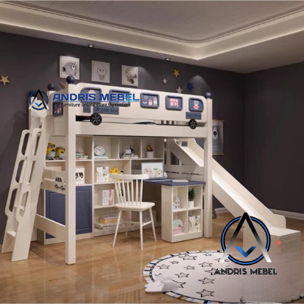 Tempat tidur tingkat bawah meja belajar lemari anak, Ranjang anak tingkat perosotan modern