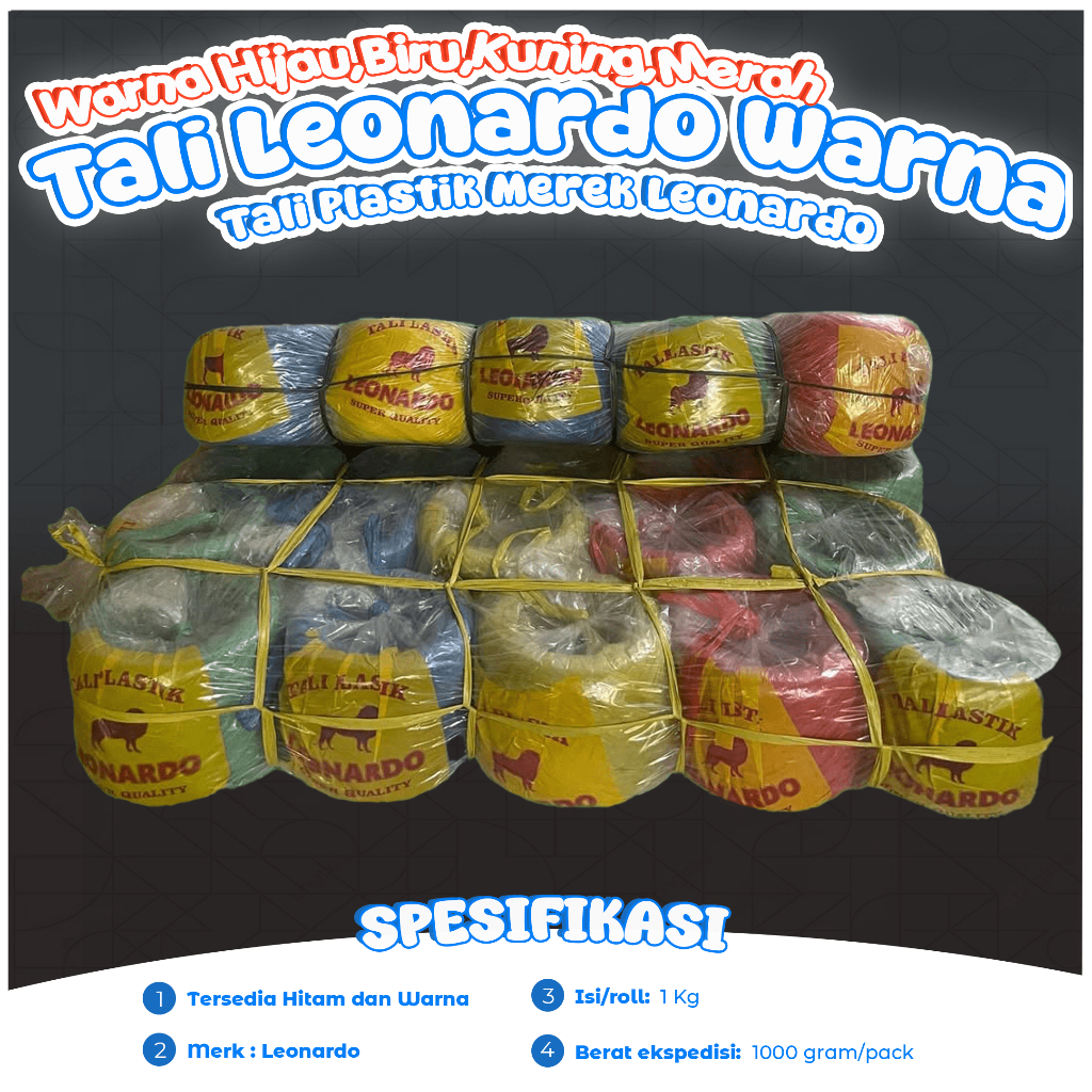 

Tali Rafia LEONARDO Hitam , Warna Ukuran 1 KG / Tali Plastik Kering