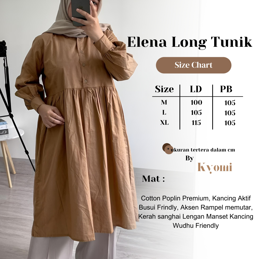 Elena Long Tunik Katun Poplin Premium By Kyomi-Long Tunik Polos Kekinian Terbaru 2025-Tunik Jumbo LD