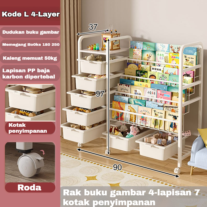Rak buku anak Susun Baby Bookshelf Rack Tempat Penyimpanan Buku dan Laci Mainan Anak Majalah Buku Ra