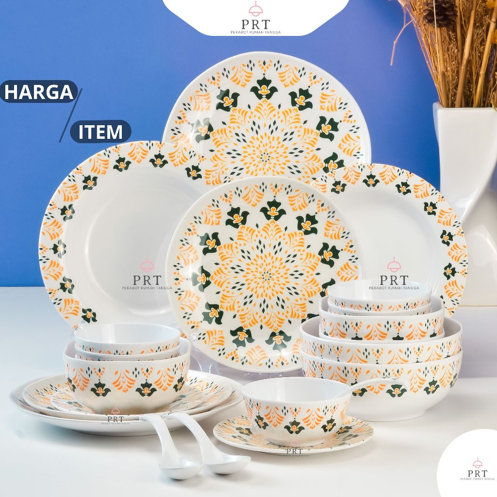 Piring Makan Set Melamin Asli 100% Piring Mangkok Motif Bohemian Bunga Hijau Mewah Mirip Keramik