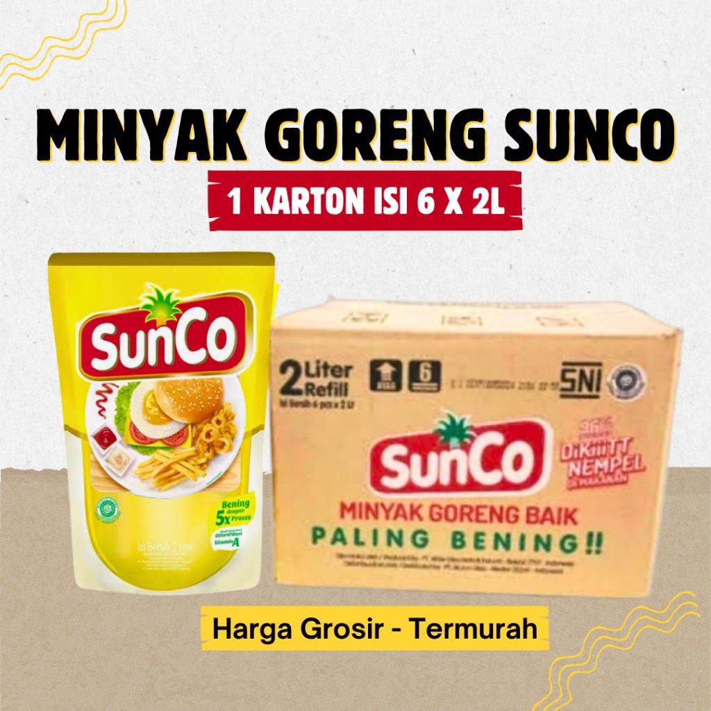 

Minyak Goreng SunCo 2L – 1 Karton Isi 6 Pcs (12L) | Minyak Jernih Sehat Termurah