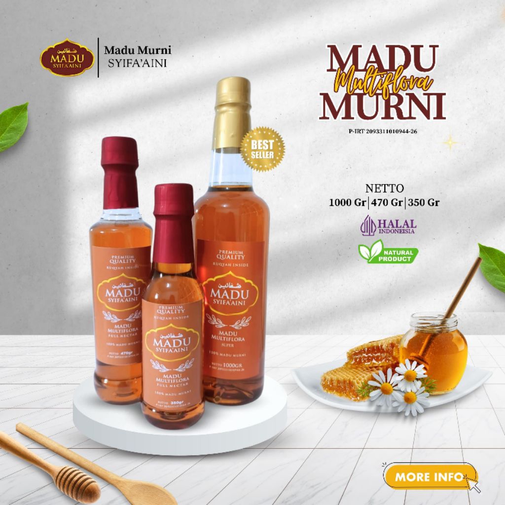 

Madu Multiflora Super Syifa'aini Murni Ruqyah Inside Mentah Asli Raw Honey Kemasan Botol Plastik Bening