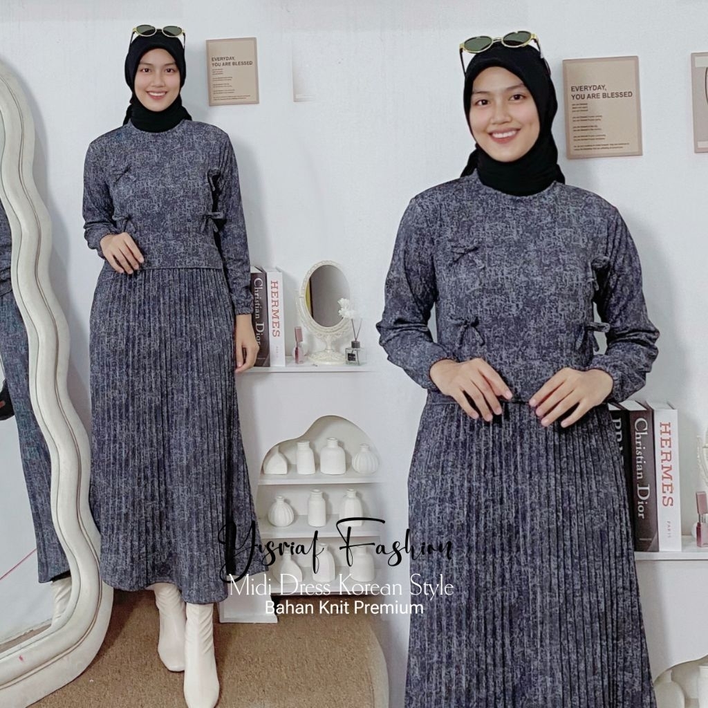 Gamis MIDI Dress Plisket Wanita Remaja Terbaru 2025 Korean Style Kekinian Bahan Knit Jeans Premium O