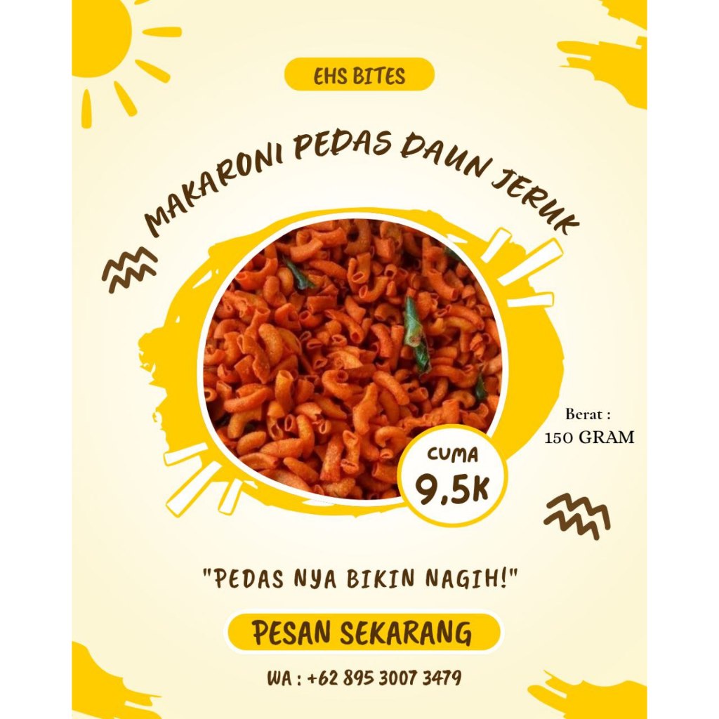 

MAKARONI PEDAS DAUN JERUK ISI 150 GRAM /MAKARONI PEDAS/EHS BITES