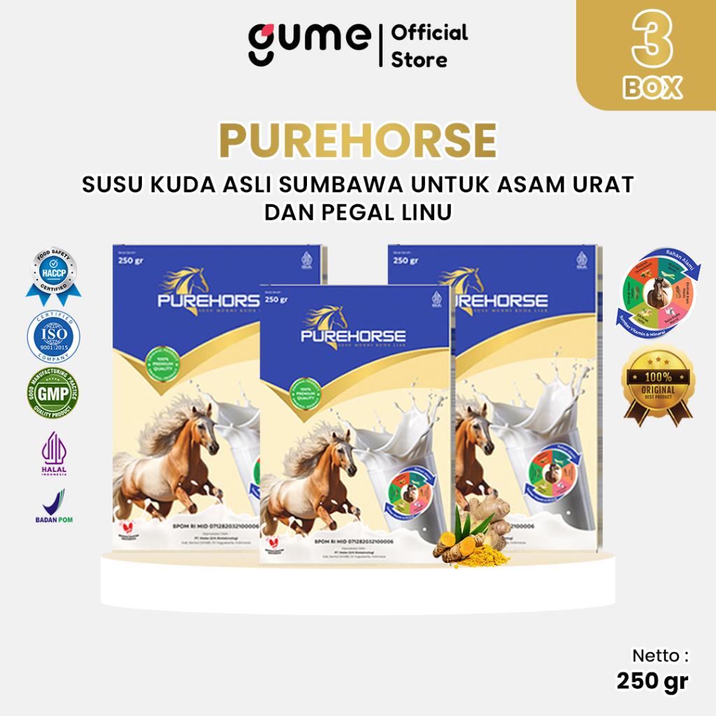 

Purehorse Susu Kuda Asli Sumbawa Untuk Asam Urat dan Pegal Linu Organic Kemasan 250gr Paket 3 Box