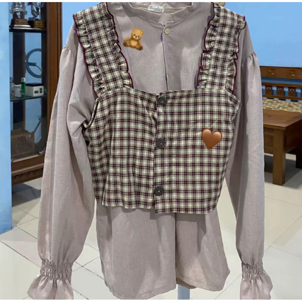 blouse+vest coklat kotak