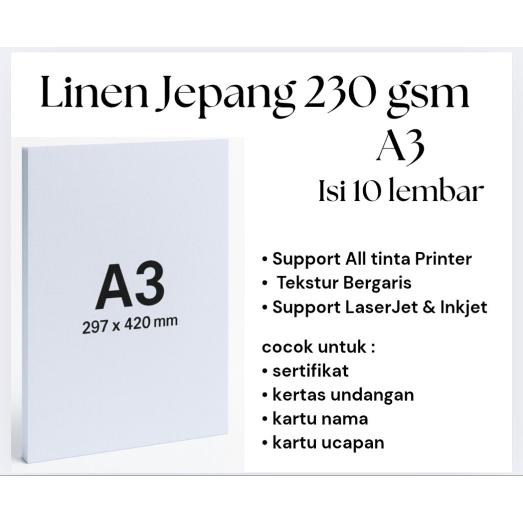

Kertas Linen Jepang Premium Isi 10 Lembar A3 230 gsm – Kertas Tebal Untuk Sertifikat, Undangan | Tekstur Elegan.