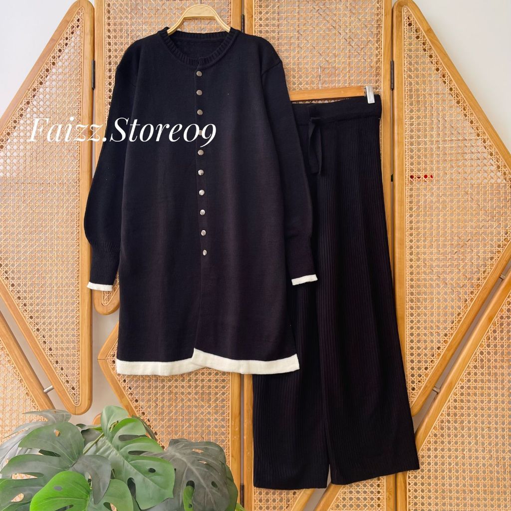 Oneset Bilaa Long Tunik Cardigan Rajut Kancing Depan Setelan Celana Kulot Premium Wanita Lengan Panj
