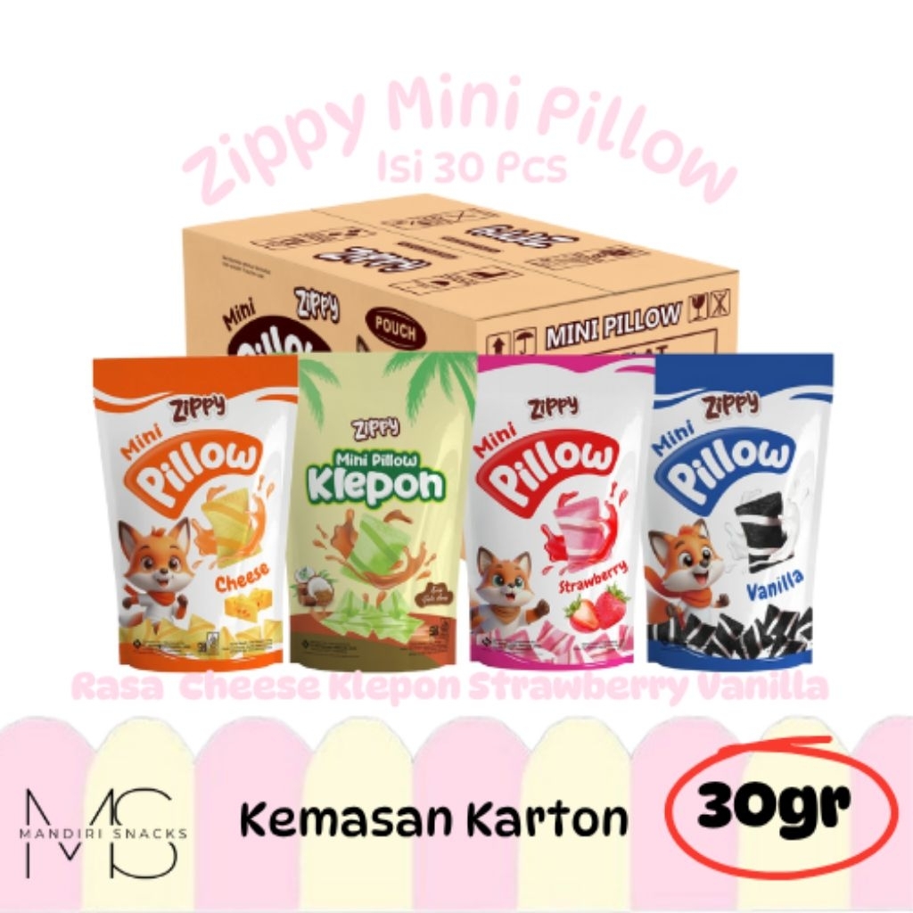 

ZIPPY MINI PILLOW RASA KEJU KLEPON STRAWBERRY DAN VANILLA ISI 30 POUCH KEMASAN KARTON