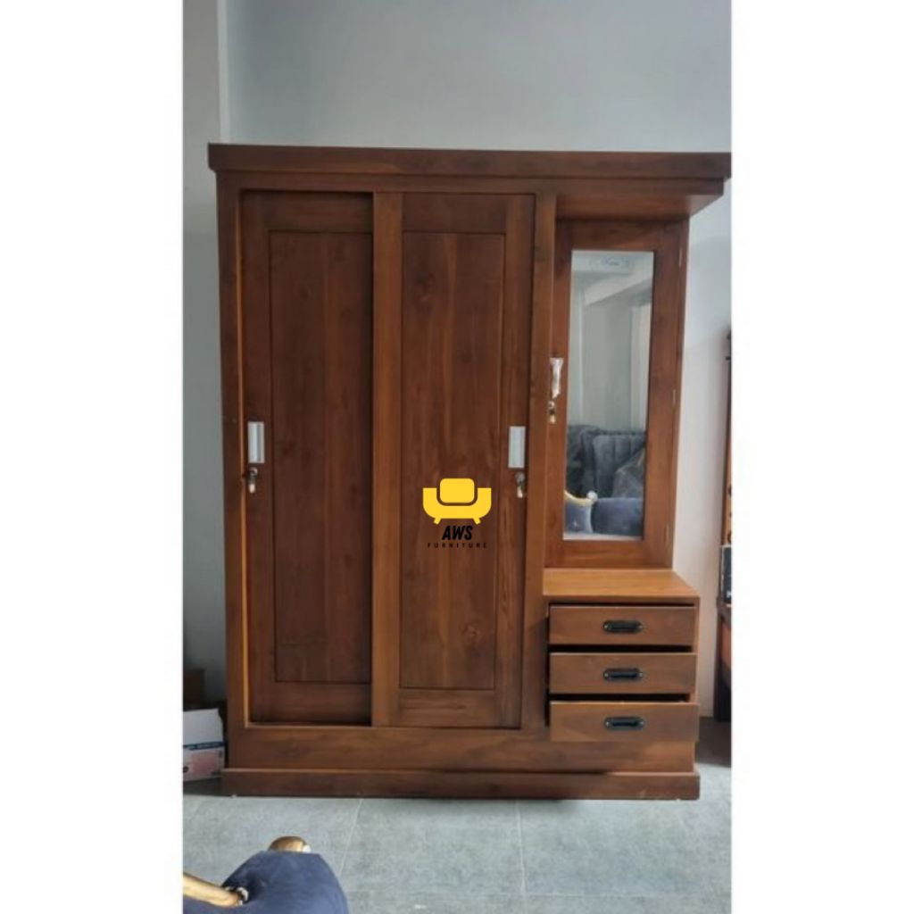 Lemari Pakaian Sliding Kaca Full Kayu jati Cantik//Almari sliding kayu jati