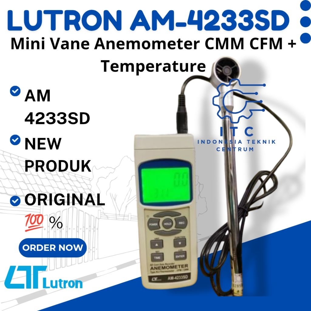 Lutron AM 4233SD Mini Vane Anemometer CMM CFM + Temperature