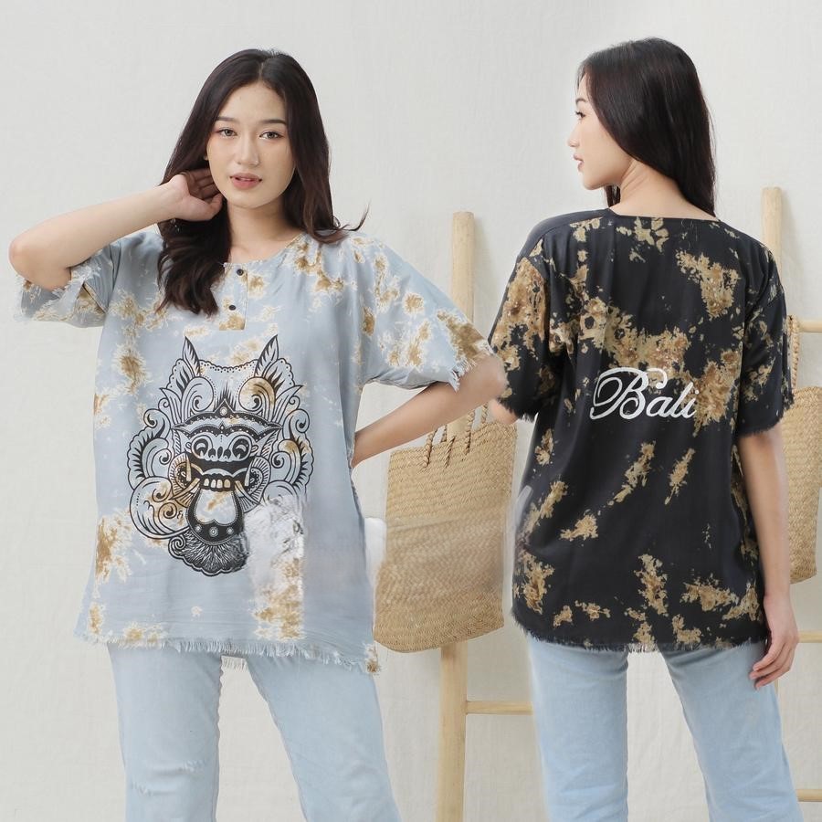 Baju Kaos Barong Bali Pria Wanita Santai Bahan Rayon Kancing Motif Tie Dye Oversize Pendek