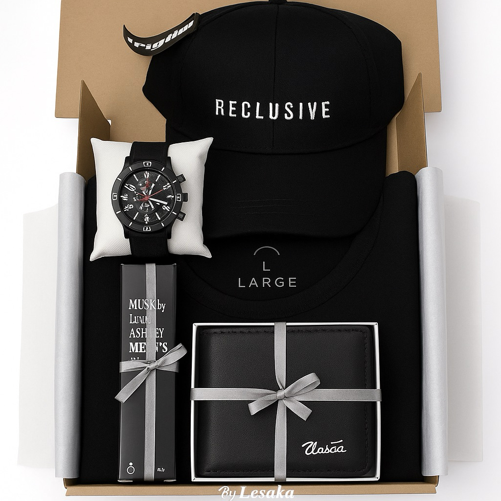 

Kado Cowok Kaos Polos Tas Jam Tangan Bebas Pilih / Hampers Pria Ulang Tahun Pacar Laki-Laki / Giftbox Hitam