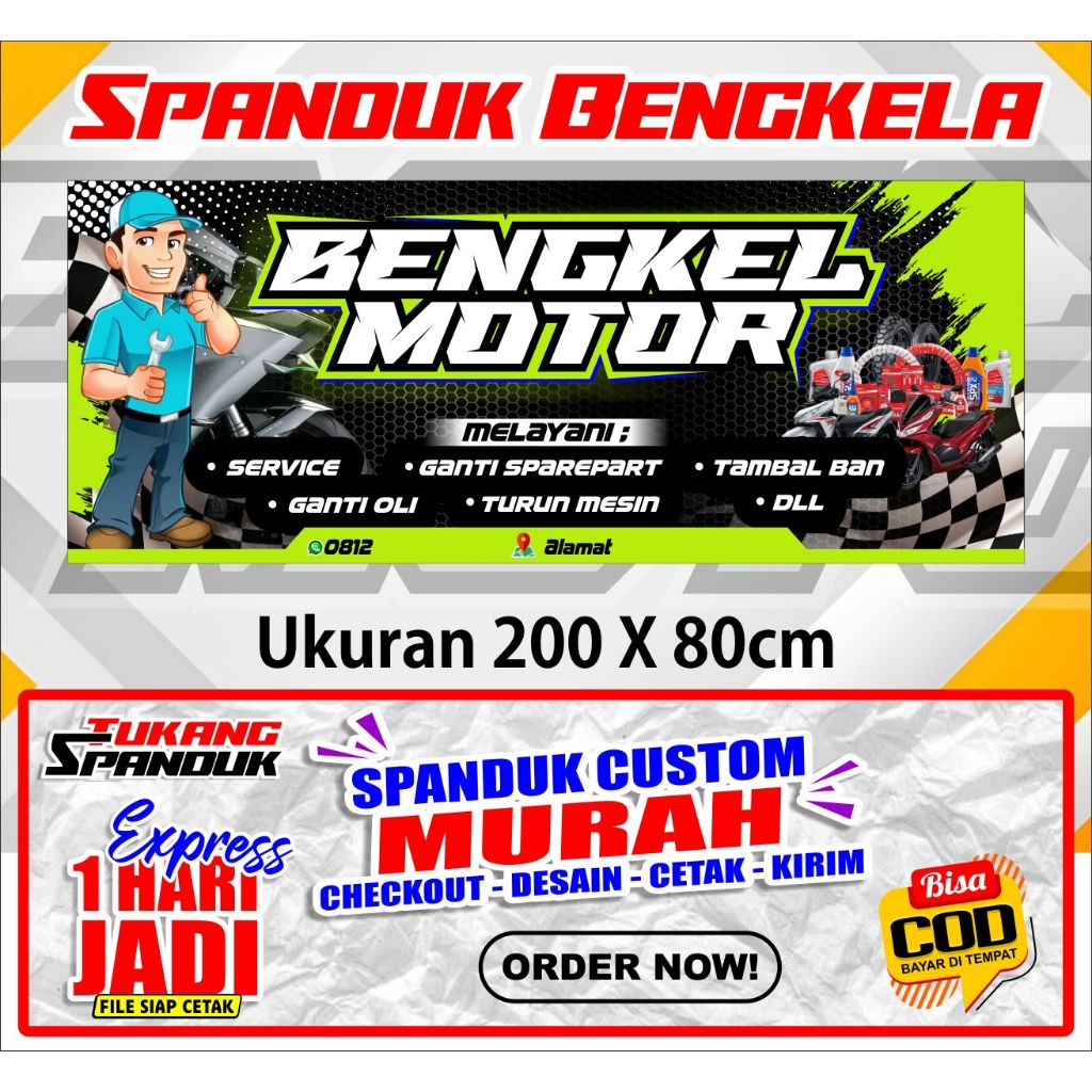 Banner BENGKEL, Spanduk BENGKEL, ukuran 200x80 cm, COD / Banner BENGKEL, Spanduk BENGKEL, ukuran 200