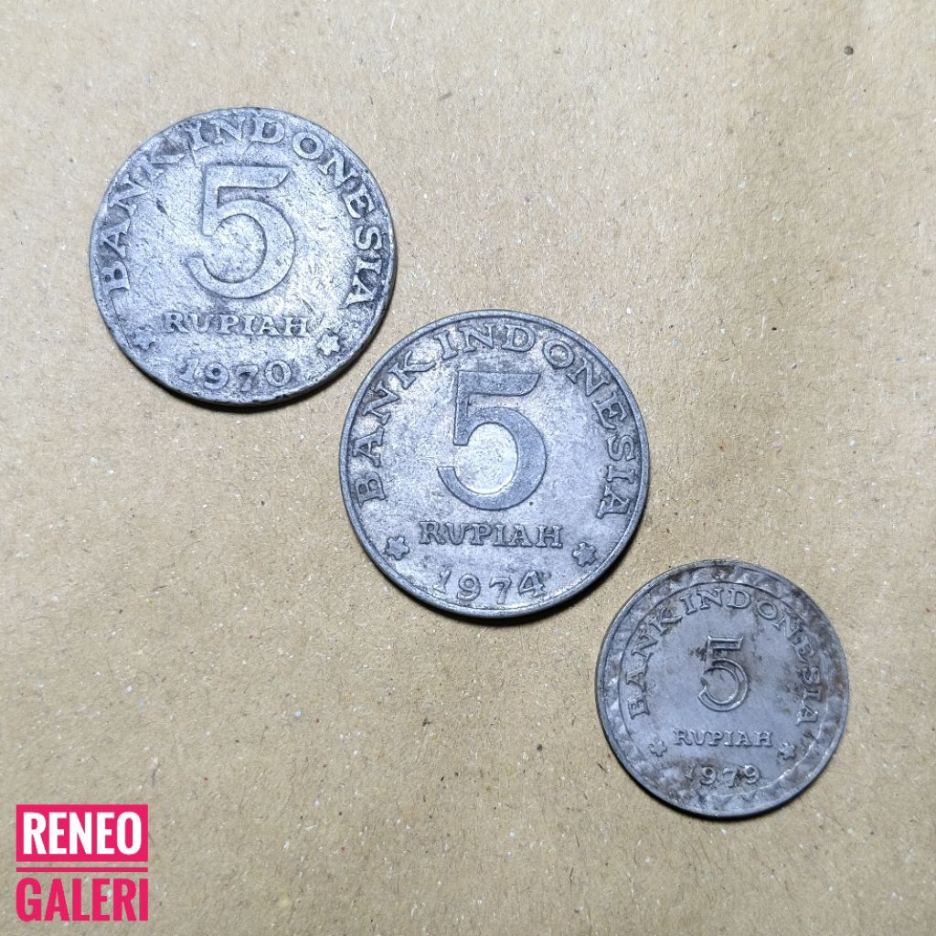 Jelek Paket 3 Variasi Koin 5 Rupiah Indonesia uang kuno asli duit original Cetakan Tahun 1970 1974 1
