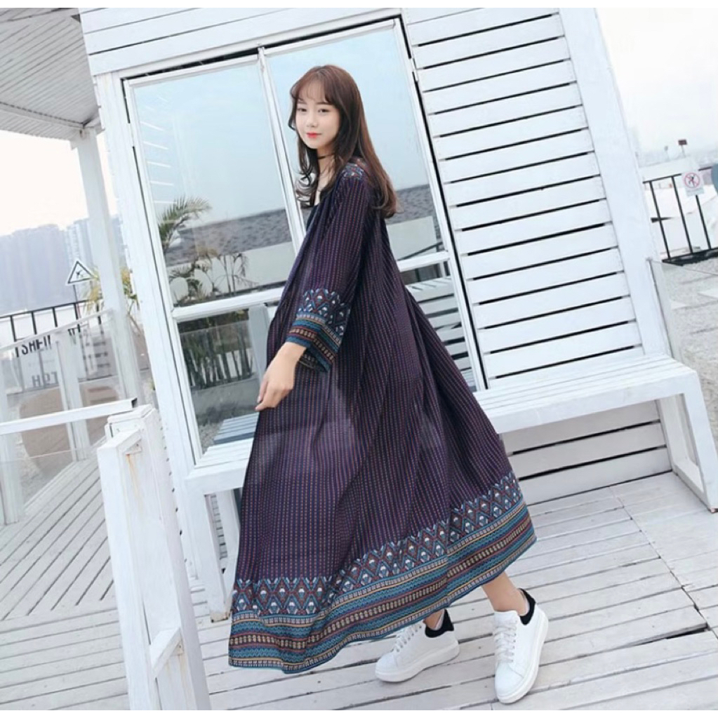 Outer wear cardigan wanita lengan panjang motif print garis bahan sifon