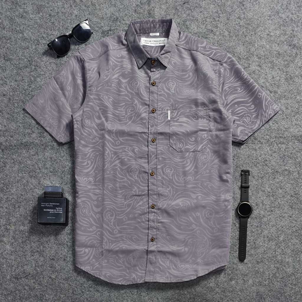 Detak Original Kemeja Embos Sultan Pria Lengan Pendek Grey Yakuza Casual Slimfit
