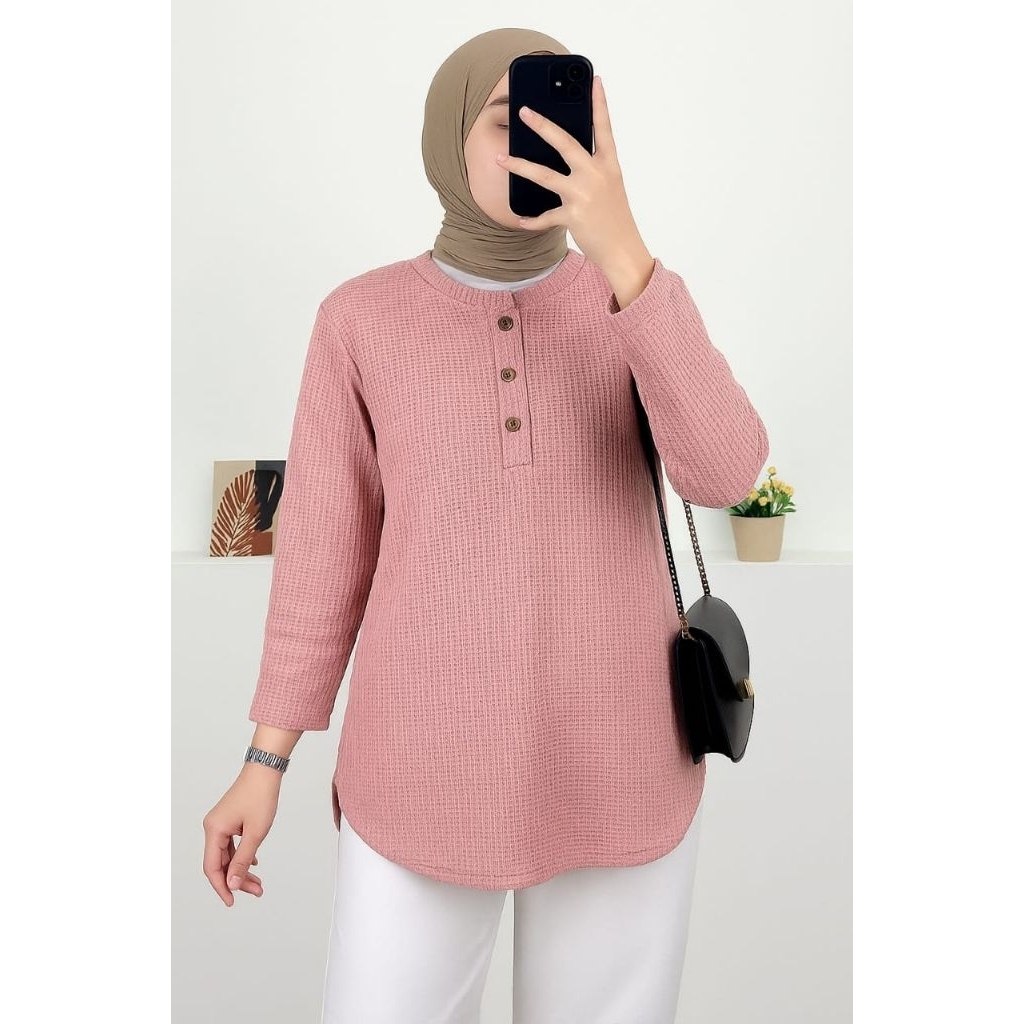 Evrydaygift Kaos Bahan Waffel Wanita/Atasan Lengan Panjang/Blus Lengan Panjang