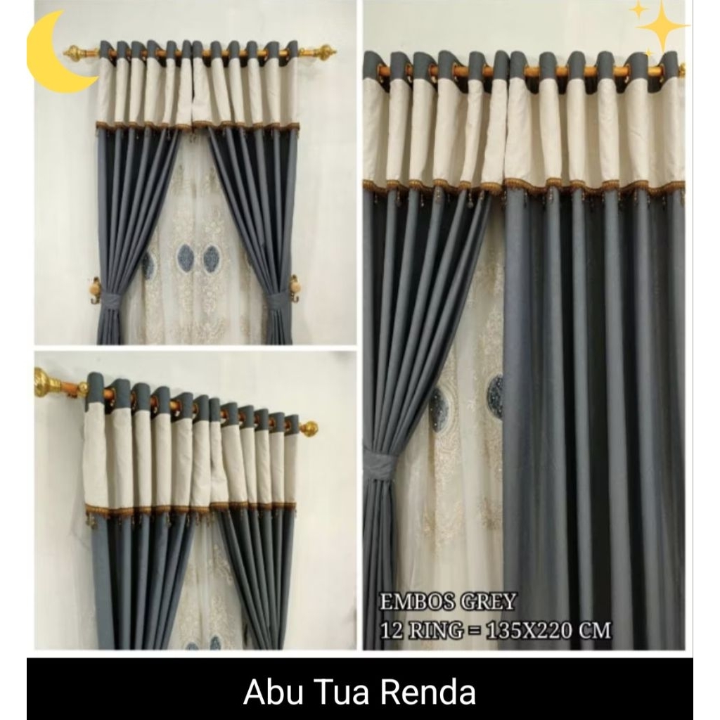 Gorden Panjang Renda Kristal Poni Mewah Rempel hati Ring untuk Pintu Jendela Rumah warna abu tua ren