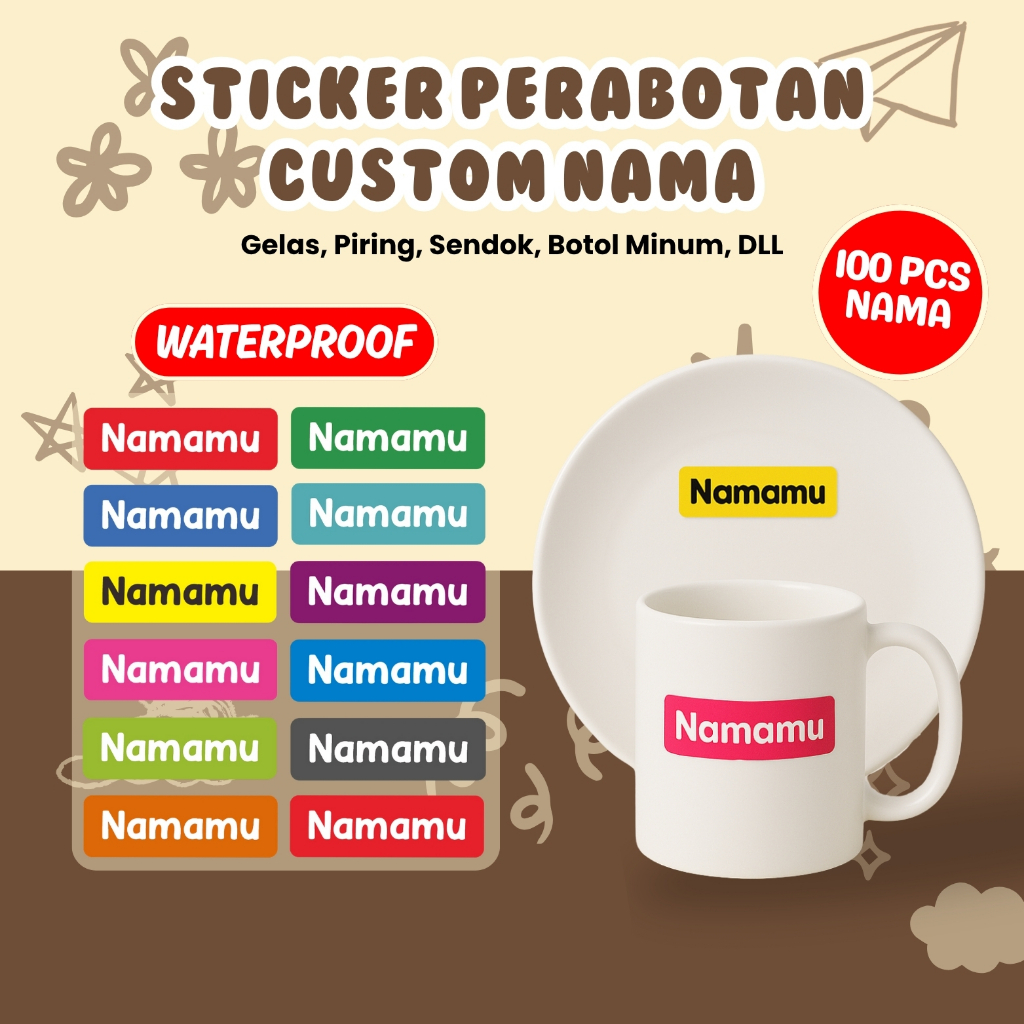 

100Pcs Sticker Custom Nama Piring Sendok Botol Barang Perabotan Stiker Ajaib Waterproof Timbul Label