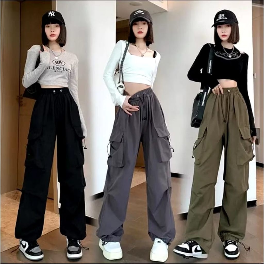 Celana Cargo Pants Wanita Highwaist Loose Korea Style Celana Cargo Wanita Premium