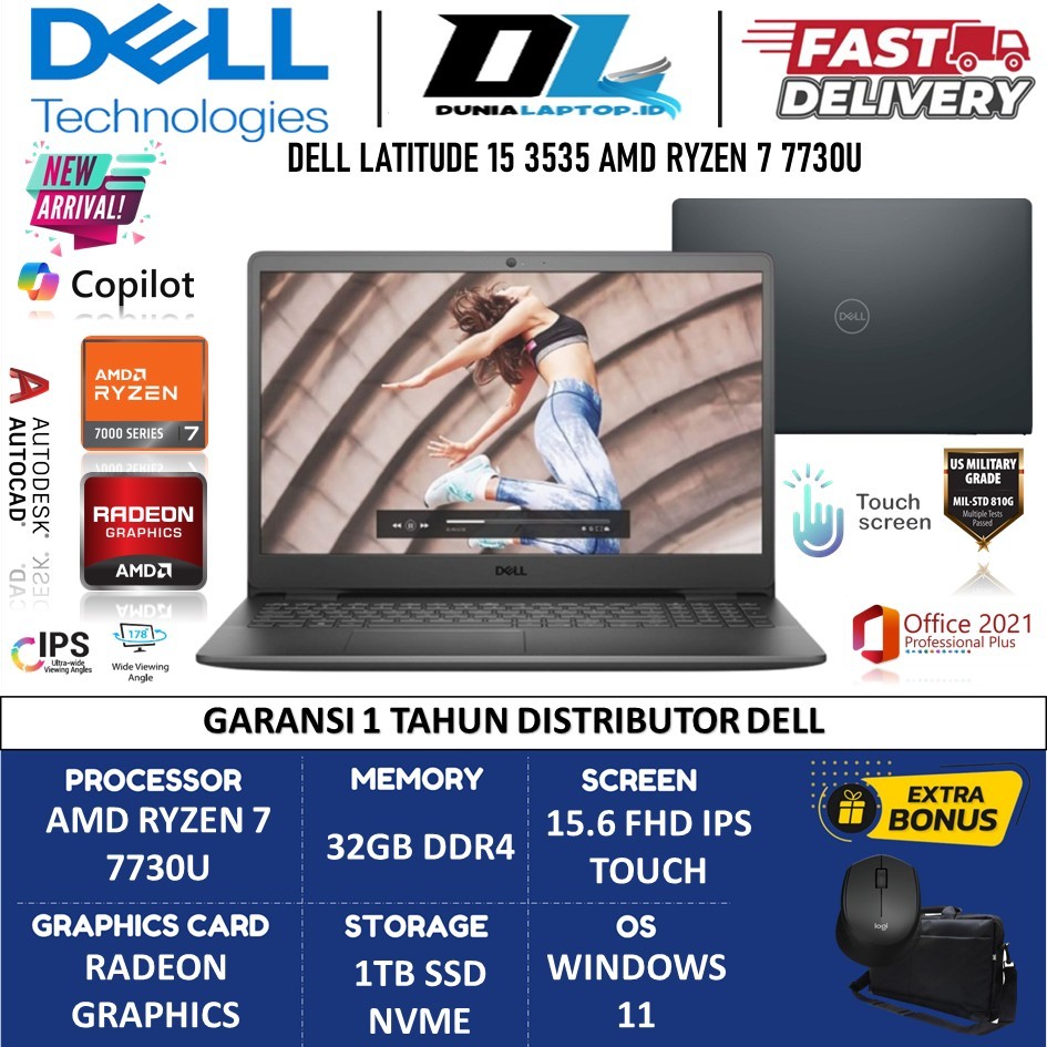 Laptop Gaming Murah Dell Latitude 15 3535 Amd Ryzen 7 7730U Ram 32GB 1TB FHD Touchscreen Win11home